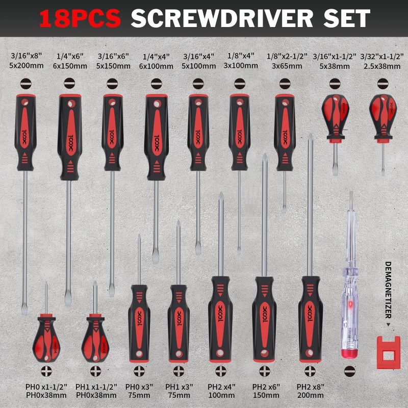 XOOL مجموعة مفكات مغناطيسية XOOL مكونة من 18 قطعة مع حقيبة، 7 رؤوس فيليبس و9 رؤوس مسطحة، مفك احترافي بمقبض مريح غير قابل للانزلاق للإصلاح وتحسين المنزل والحرف اليدوية - Image 3